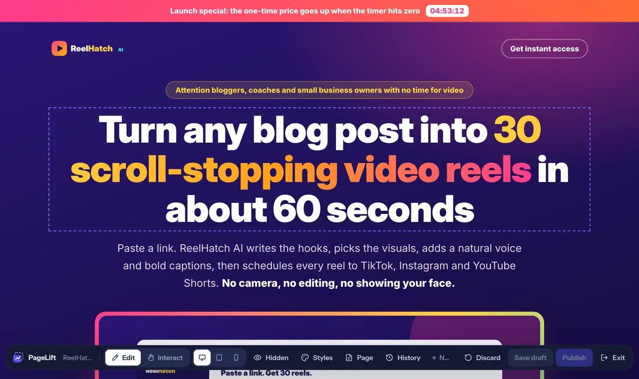 A sales page open in the PageLift editor, its headline outlined because the pointer is over it