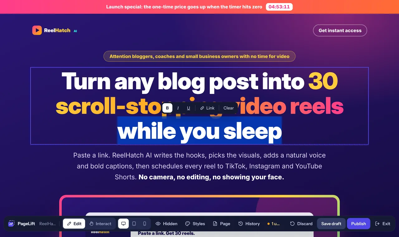 The headline's last words changed to 'while you sleep' and selected, with the bold, italic and link buttons above them