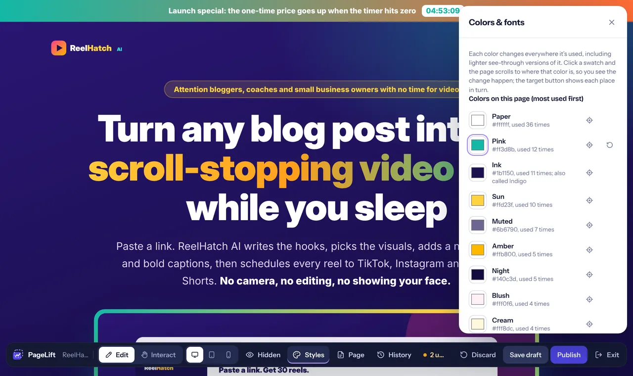 The Colors & fonts panel: the pink of the page changed to teal, and the page shows it everywhere at once
