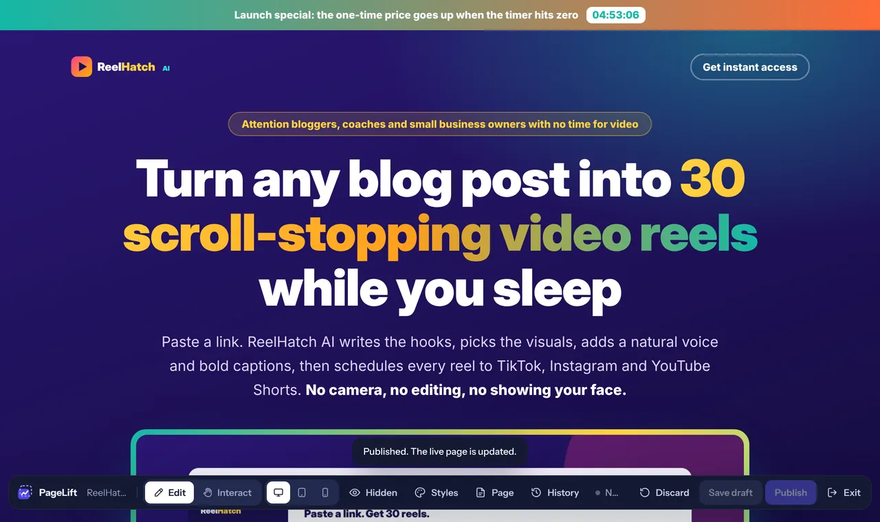 After Publish: the page with its new headline and color, and the note 'Published. The live page is updated.'